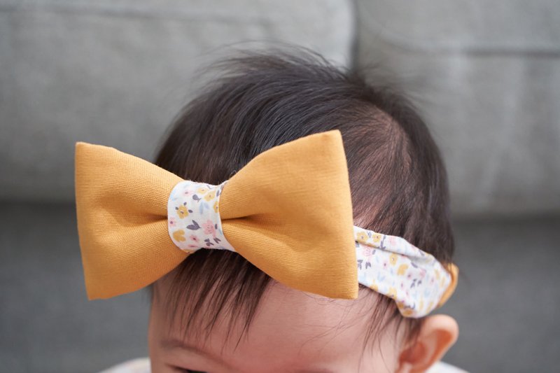 粉黃小花 手作寶寶髮帶 蝴蝶結 - 嬰兒帽子/髮帶 - 棉．麻 黃色