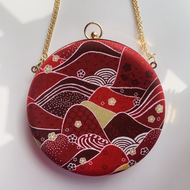 New Year's Japanese Cloth Red Mountain Small Round Bag - Hand Carry / Crossbody Dual Use - Clutch Bags - Cotton & Hemp Red