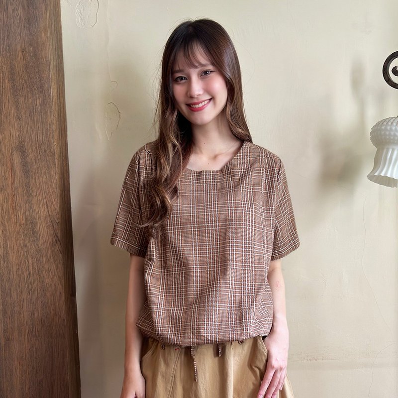 Hana Mokuba 線條格紋綁帶收口上衣 - 女上衣/長袖上衣 - 其他材質 