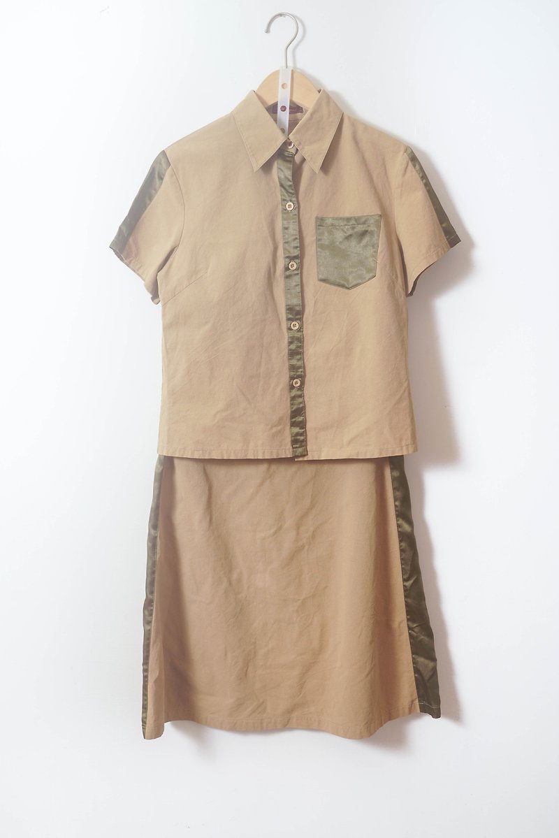 Vintage Khaki satin suit | Chunqing Department Store - Skirts - Polyester Khaki