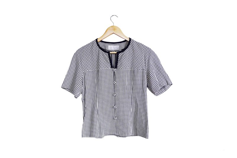 1980s Mila Schön Vintage Retro black and white Houndstooth blouse, size 42 - 女上衣/長袖上衣 - 棉．麻 黑色