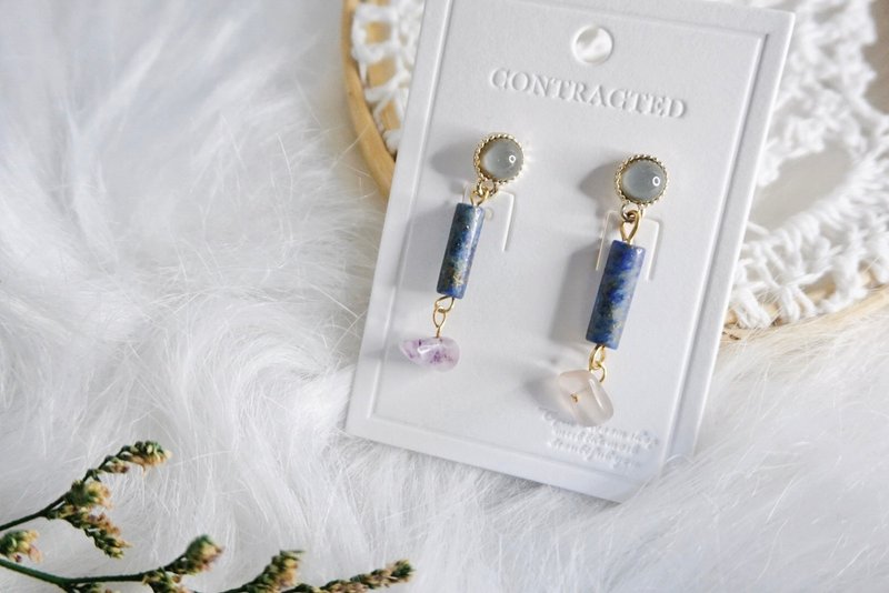 [Dark Blue Rhyme] Cat's Eye Stone Lazuli/Earrings/ Clip-On/ Silver/Blue - ต่างหู - เงินแท้ สีน้ำเงิน