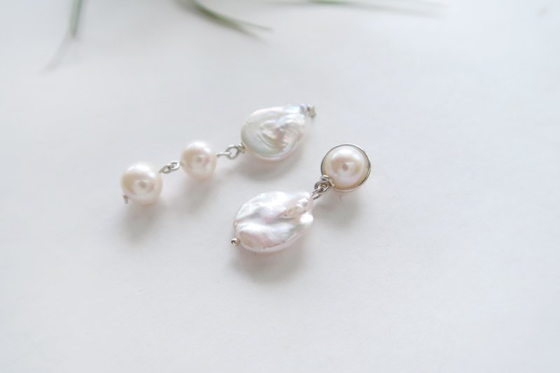 925 Sterling Silver Baroque Freshwater Pearl Earrings Asymmetric Pair Free Gift Packaging - Earrings & Clip-ons - Sterling Silver White