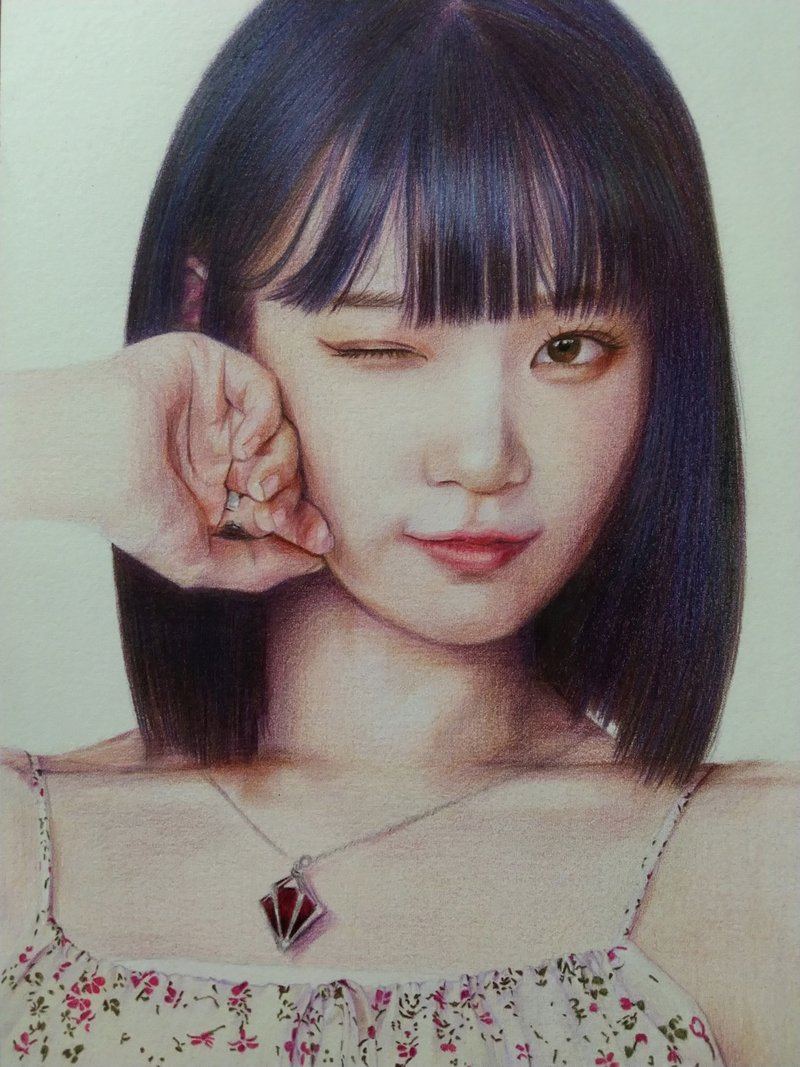 Colored pencil drawing/portrait painting/female half body+one hand/framed - Customized Portraits - Paper 