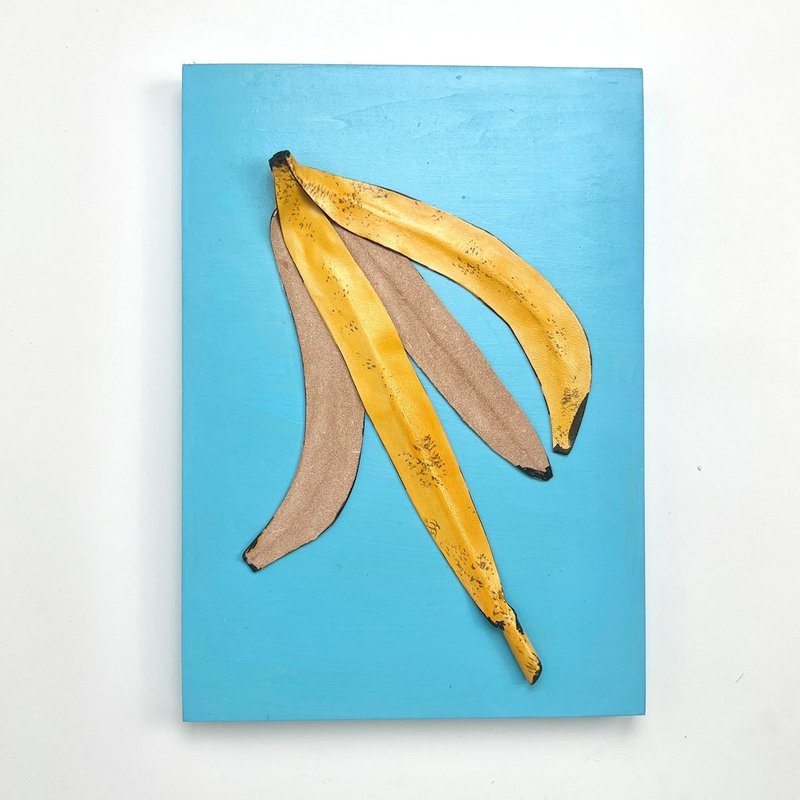 Banana art panel made of leather / Blue / Leather A4 size Wooden panel One-of-a-kind - โปสเตอร์ - ไม้ สีน้ำเงิน