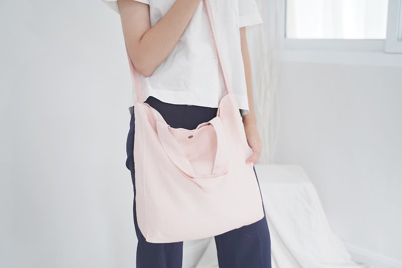 Casual 2 Ways Linen Tote Bag (Soft Pink) - 側背包/斜孭袋 - 亞麻 粉紅色