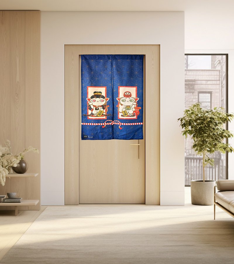 Lucky cat Mittsu Kumi fabric door curtain - Doorway Curtains & Door Signs - Cotton & Hemp White
