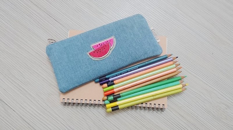 Embroidered Pencil Bag Stationery Denim Pencil Bag Tool Bag Storage Bag Clean Watermelon - กล่องดินสอ/ถุงดินสอ - ผ้าฝ้าย/ผ้าลินิน 
