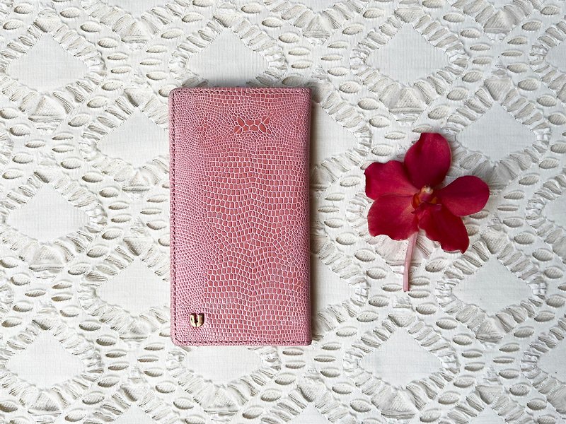 80s UNGARO PARIS Pink Genuine Leather Card Holder with textured, Card case - 長短皮夾/錢包 - 真皮 粉紅色