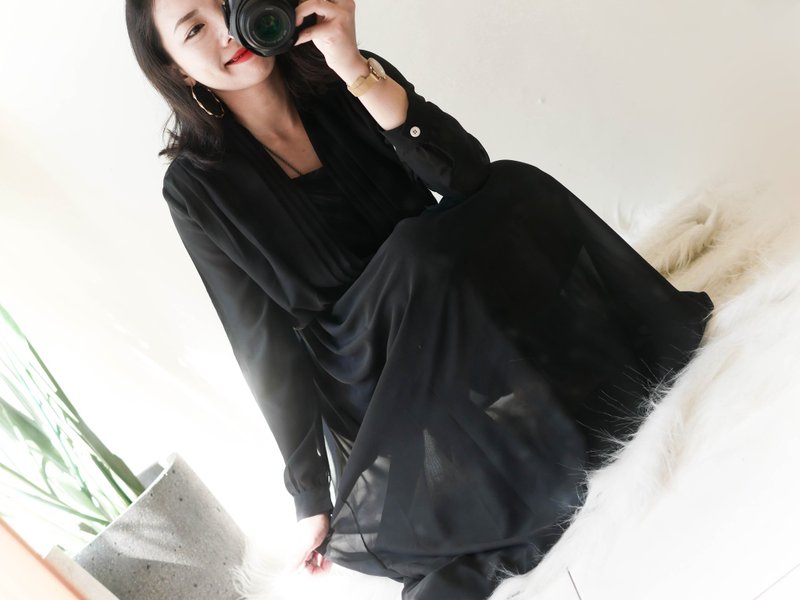 純黑打褶東方優雅兩件式春季少女 古董紡紗質連身洋裝長裙 dress - 洋裝/連身裙 - 聚酯纖維 黑色