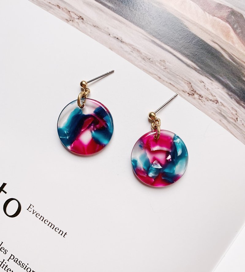 La Don-Drop Earrings-Stone Discs-Pink, Blue and Green Ear Pins / Ear Clips Optional - Earrings & Clip-ons - Acrylic Red