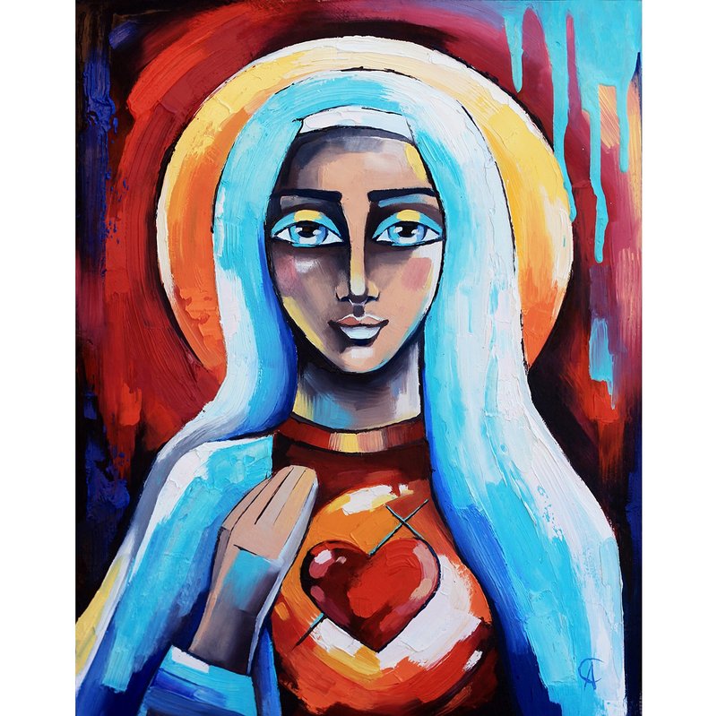 Virgin Mary Painting Our Lady Original Art Christian Artwork Catholic Wall Art - โปสเตอร์ - วัสดุอื่นๆ สีแดง