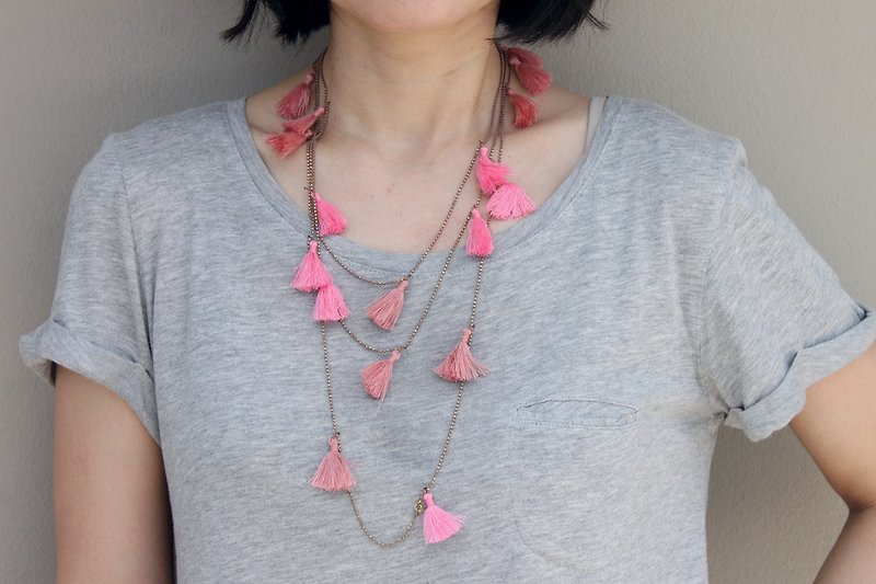 Tassel Necklaces Long Wrap Facet Pink Beaded Woven Layer - Necklaces - Cotton & Hemp Pink