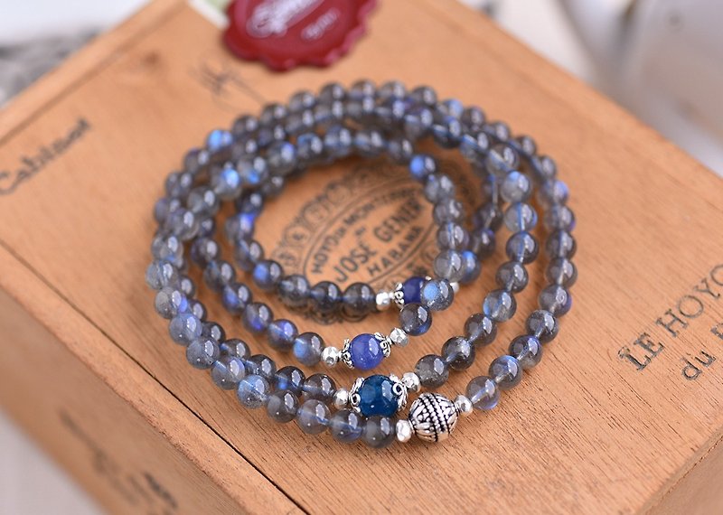Blue Labradorite + Apatite + Tanzanite 108 rosary beads / prayer beads / multi-circle bracelet - Bracelets - Crystal Gray