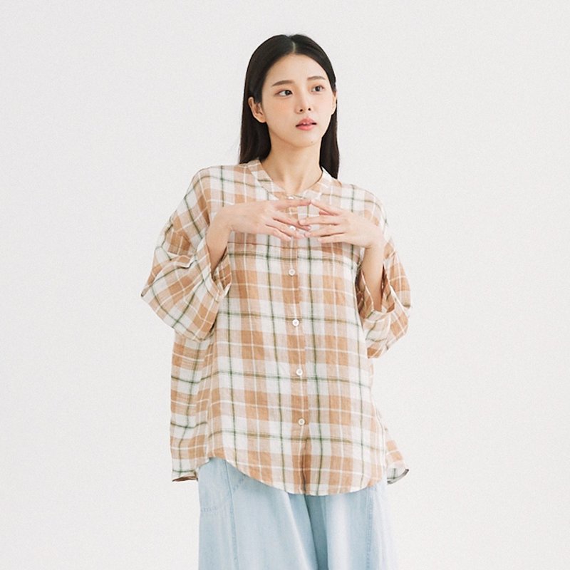 【Simply Yours】Platform Linen Shirt Orange F - เสื้อเชิ้ตผู้หญิง - ผ้าฝ้าย/ผ้าลินิน สีกากี