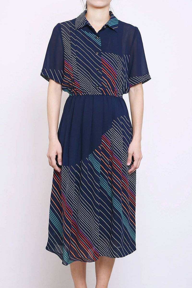 Vintage dress 藍色白條紋 日本古著洋裝 - 洋裝/連身裙 - 聚酯纖維 藍色