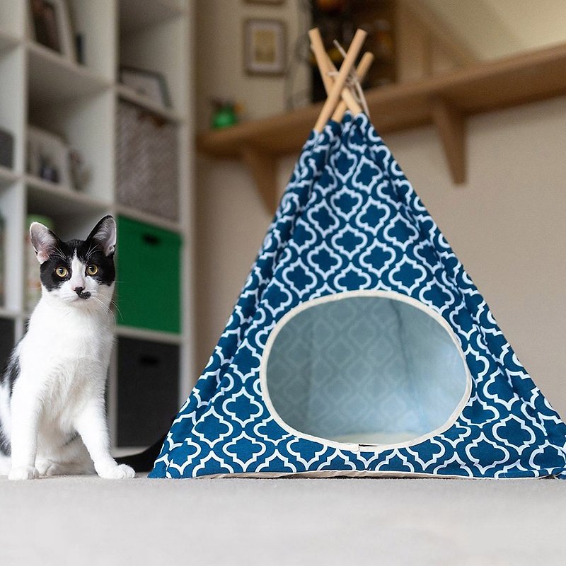 Dog House Cat House Fashion Pyramid Tent (Moroccan Blue) Sleeping Mat - Bedding & Cages - Eco-Friendly Materials 