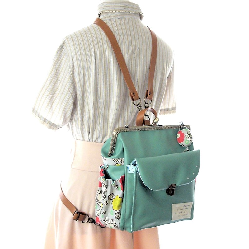 3 Way backpack trend peppermint flower - กระเป๋าเป้สะพายหลัง - หนังแท้ สีเขียว