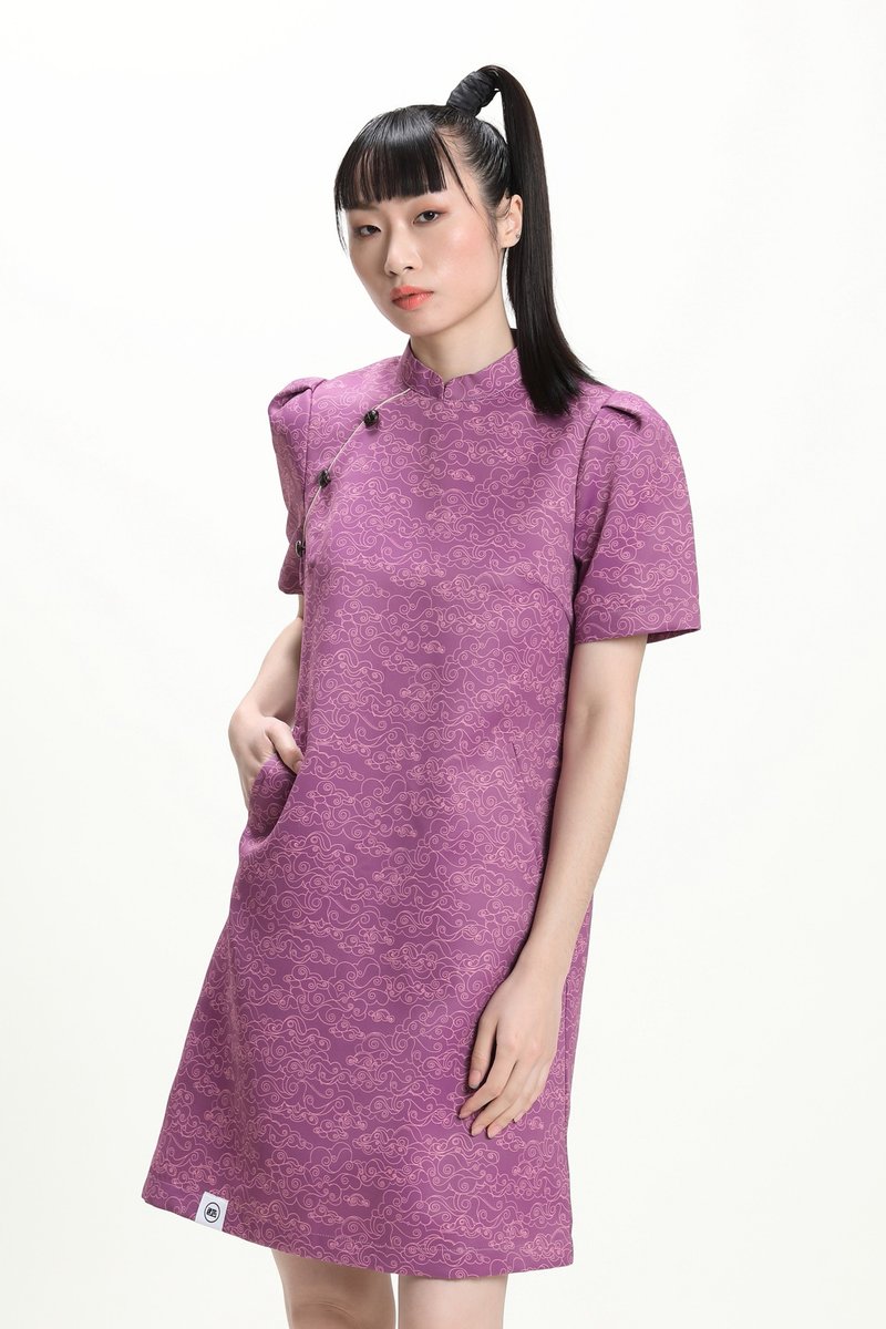 CYPHERHOOD BECKY PUFF SLEEVE CHEONGSAM (PURPLE) - One Piece Dresses - Polyester Purple