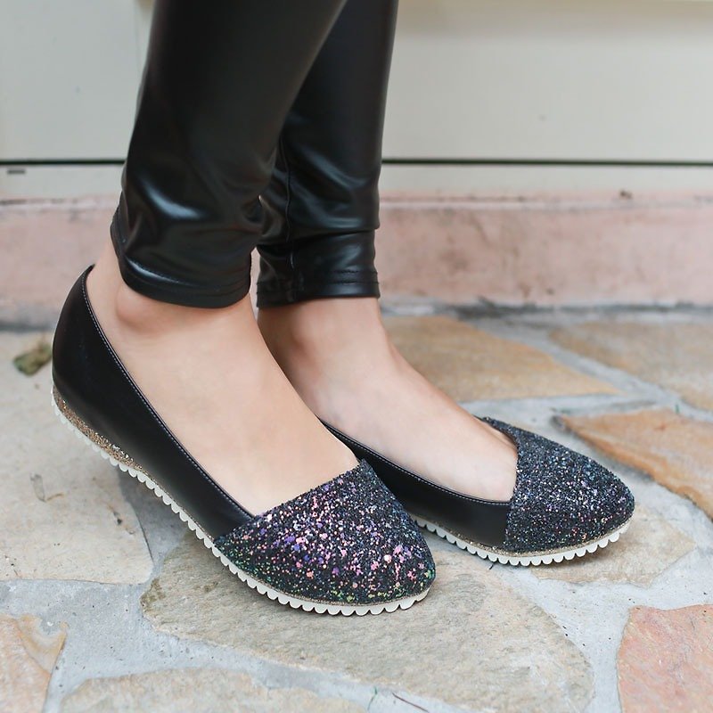 AliyBonnie親子鞋(媽咪款) 閃亮星空娃娃鞋-璀璨黑 - 娃娃鞋/平底鞋 - 真皮 黑色