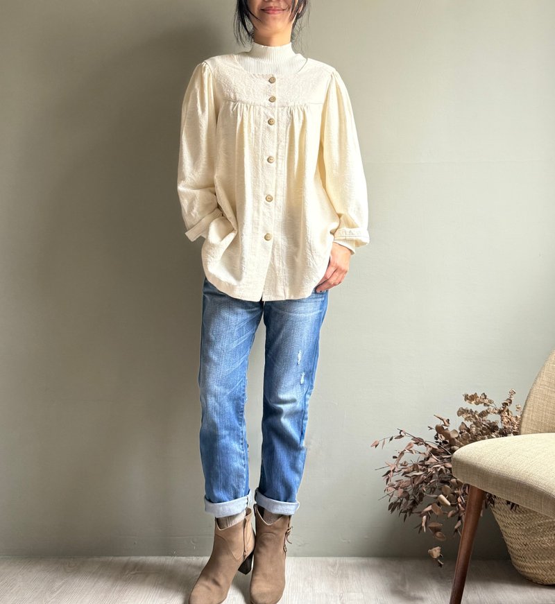 Snow white tassel/vanilla white jacquard pure cotton square collar open button light jacket 100% cotton - Women's Tops - Cotton & Hemp 