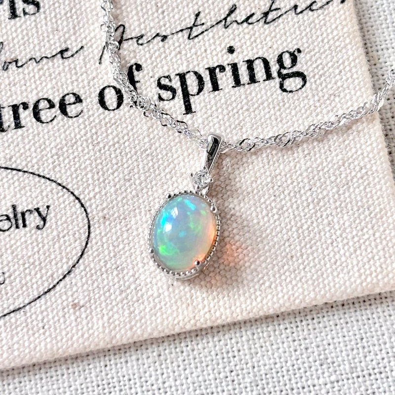 高等級-大顆幻彩8x10mm歐泊蛋白石純銀項鍊~彩色點點 - 項鍊 - 水晶 多色