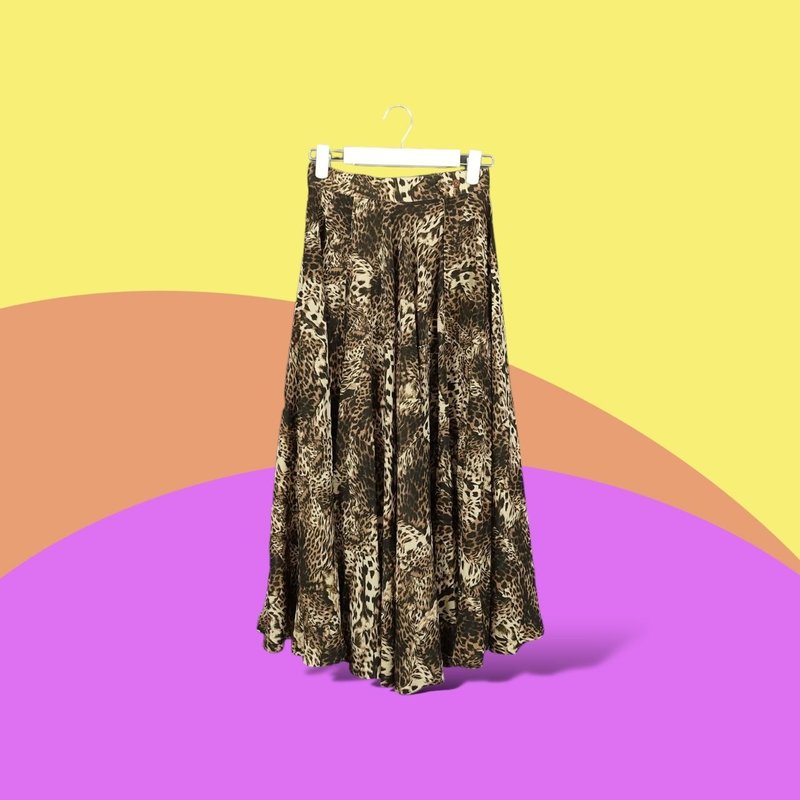 Second-hand POU FORET brown leopard print elegant umbrella skirt high waist long skirt CA807 - กระโปรง - เส้นใยสังเคราะห์ หลากหลายสี