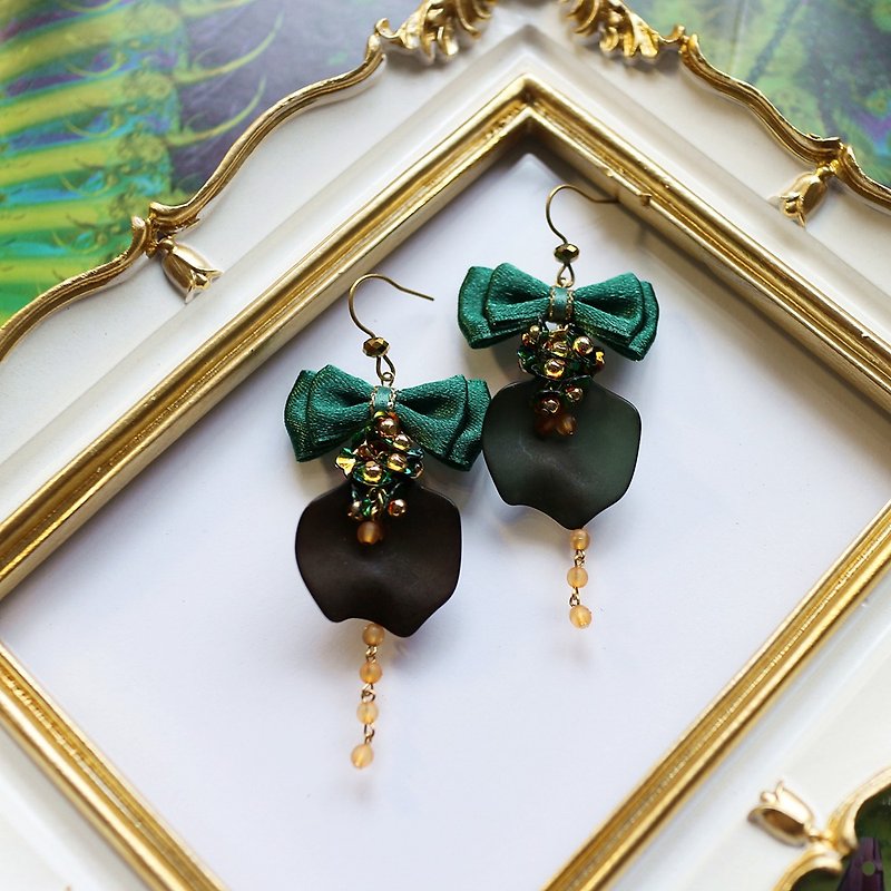 Ribbon bow petal dangle earrings ear hook Clip-On - Earrings & Clip-ons - Copper & Brass Khaki