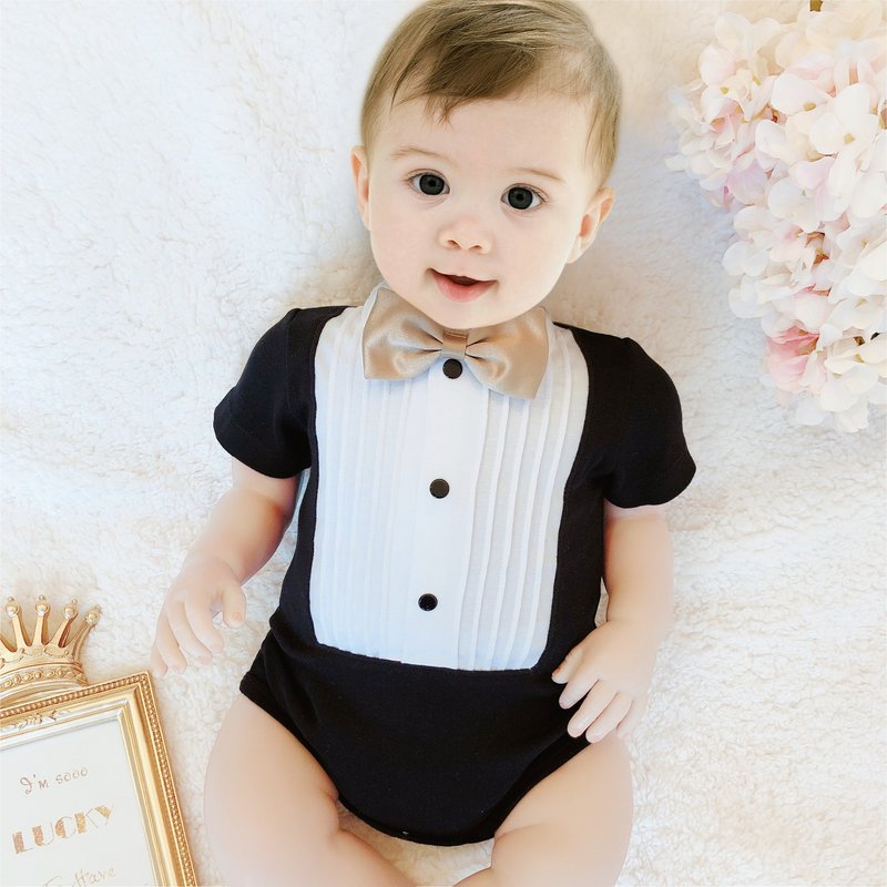 British royal bow tie little gentleman black short-sleeved shirt-style fake two-piece baby baby bag fart clothes - ชุดทั้งตัว - ผ้าฝ้าย/ผ้าลินิน 