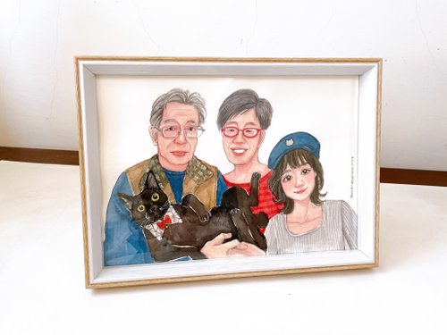 桂桑比插畫 Katsura Xanbi 似顏繪人像畫 四人 全家福 婚紗與寵物 附畫框