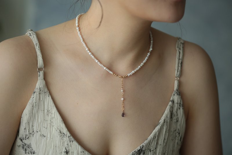 Time Pearl Necklace│Natural Pearl 14kgf Lazuli Y Chain - Necklaces - Pearl White