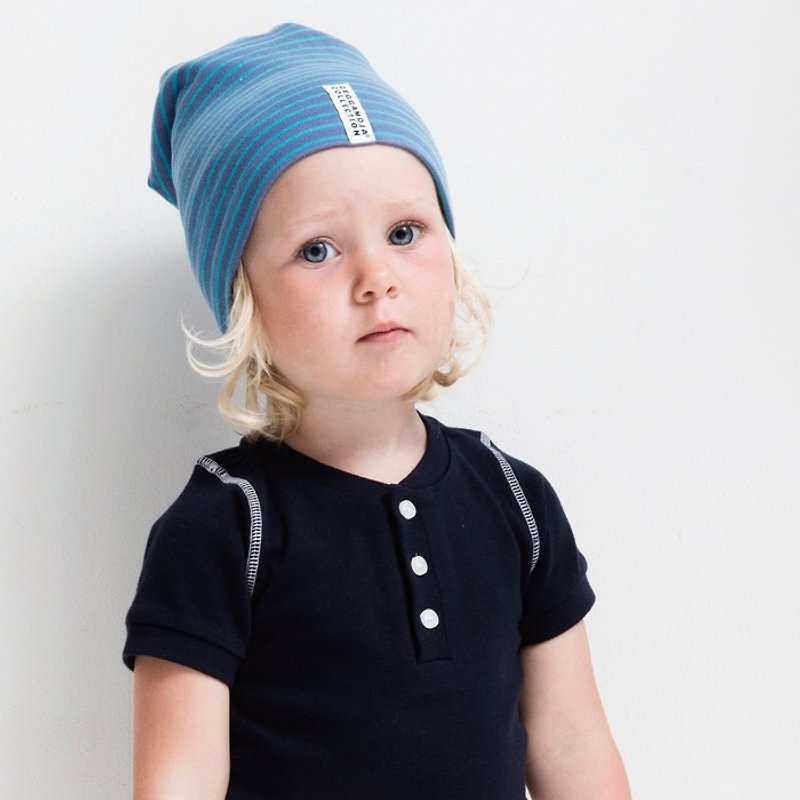 【北歐童裝】瑞典有機棉條紋兒童帽子1歲至4歲 藍/海水藍 - 嬰兒帽/髮帶 - 棉．麻 藍色