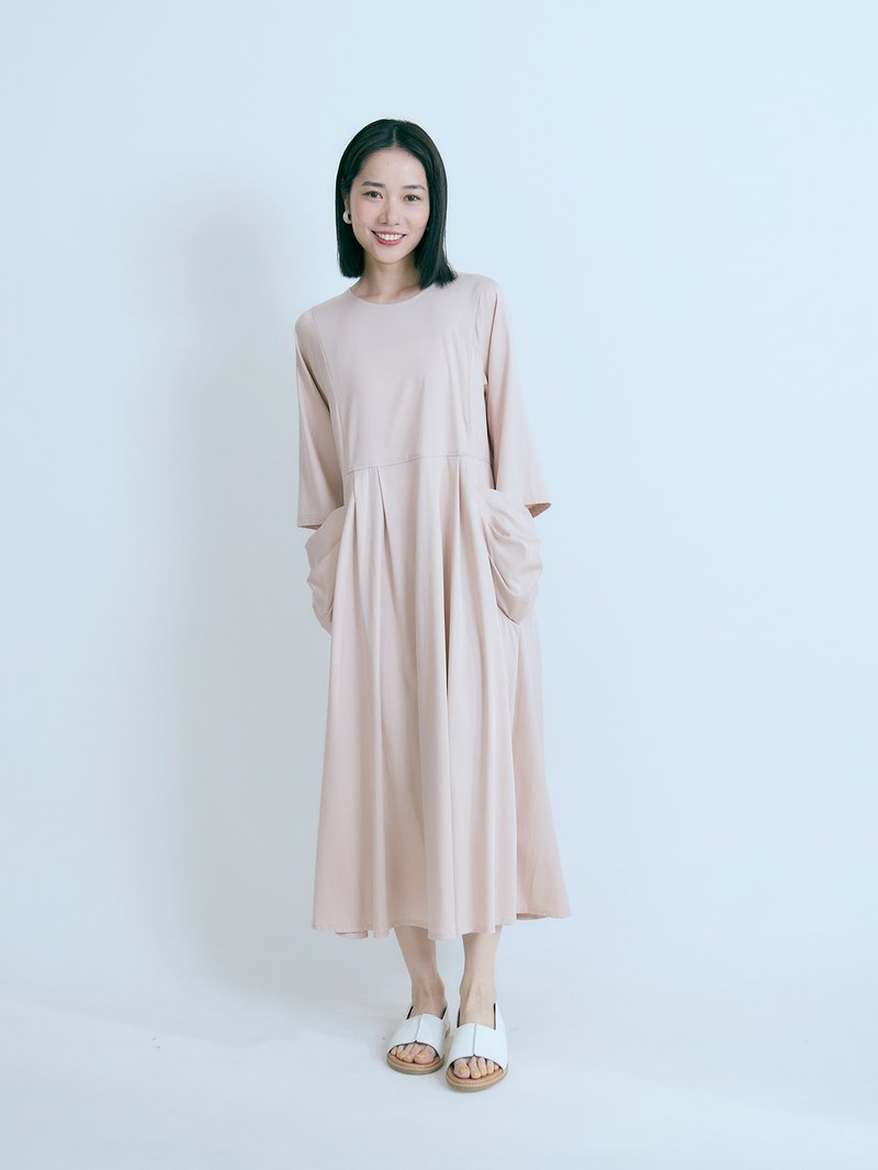 Pinecone seed pocket three-quarter sleeve dress-Rose - ชุดเดรส - วัสดุอื่นๆ สึชมพู