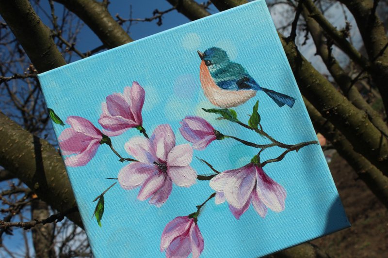 帆布鳥和玉蘭花牆飾原創丙烯畫 - 壁貼/牆壁裝飾 - 棉．麻 多色