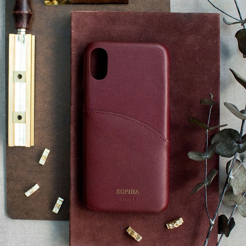 iPhone X 5.8 inch leather waterproof phone case / wine red (free custom lettering) - Phone Cases - Genuine Leather Red