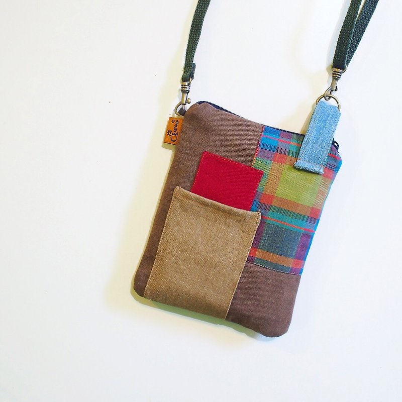 E*group square patchwork small things bag washed coffee color mobile phone bag passport bag - Luggage & Luggage Covers - Cotton & Hemp Brown