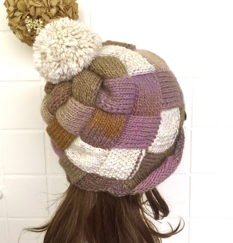 誠實面對耳朵暖暖捲捲毛線帽/毛帽/保暖      紫芋拼接色 - 帽子 - 羊毛 