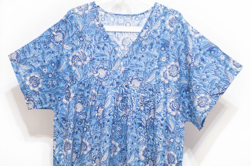 Woodblock Printed Cotton Dress Indian Cotton Organic Cotton Handmade Woodblock Printed Short Sleeve Long Dress - Blue Flowers - ชุดเดรส - ผ้าฝ้าย/ผ้าลินิน สีม่วง