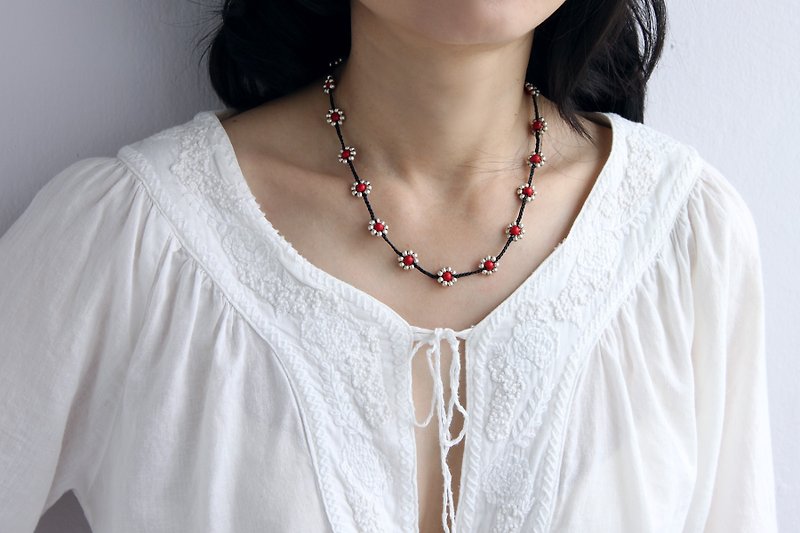 Beaded Silver Flower Necklaces Short Braided Coral Necklaces  - Necklaces - Semi-Precious Stones Red