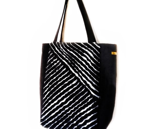 Boho bag Black canvas tote bag Fabric hobo bag Black tote bag