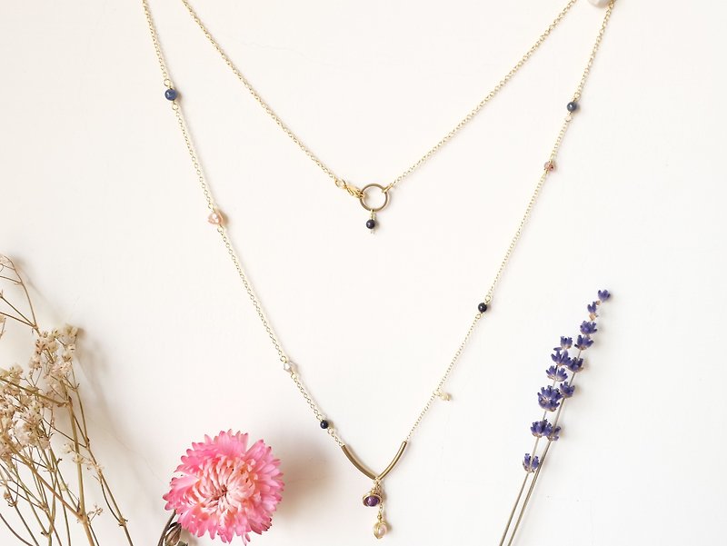 · Handmade necklace · Starry sky little natural stone long necklace gold - สร้อยคอยาว - โลหะ สีทอง