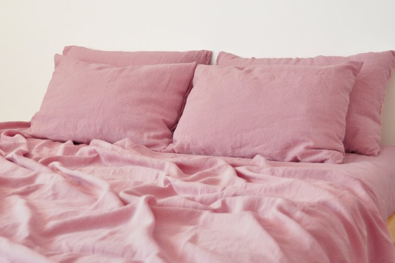 Rose pink linen sheet set / Flat+fitted sheet+2 pillowcases / Pink bedding - เครื่องนอน - ลินิน สึชมพู