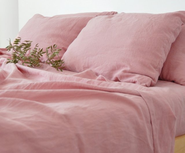 ローズピンクのリネンシーツセット / フラット+ボックスシーツ+枕