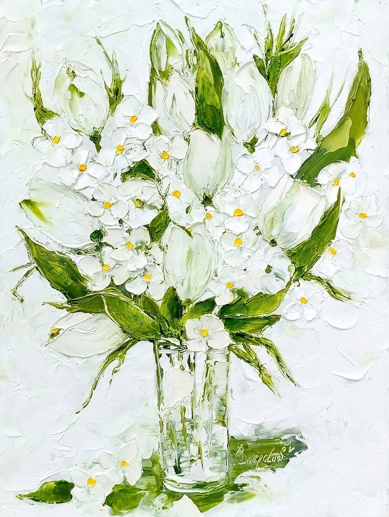 チューリップ ペインティング フローラル オリジナル アート 花 アジサイ 花瓶 16 x 12 - ウォールデコ・壁紙 - その他の素材 ホワイト