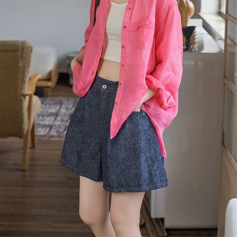 High waist denim shorts|Pants|Two colors|Summer style|Sora-1506 - กางเกงขาสั้น - ผ้าฝ้าย/ผ้าลินิน สีน้ำเงิน