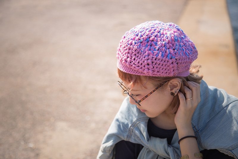 flower_Colorblock かぎ針編みのベレー帽 限定品 - 帽子 - ウール ピンク
