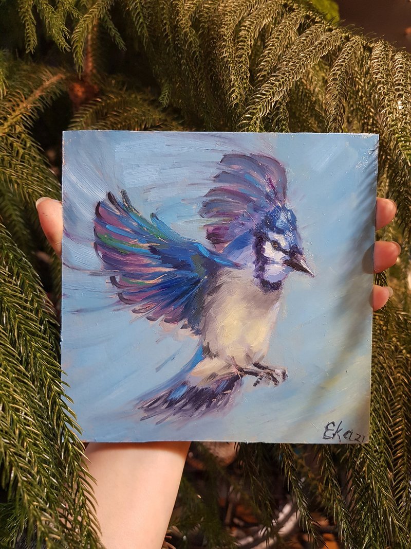 Blue Jay Painting Flying Bird Original Art Animal Oil Painting Woodland Animal - ตกแต่งผนัง - วัสดุอื่นๆ สีน้ำเงิน