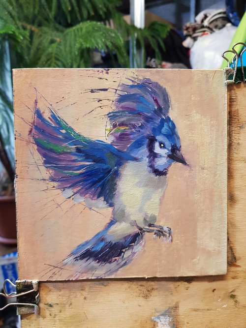 Blue Jay Bird Painting Original Blue Jay Flight Art Blue Jay Flying Bird  Oil Painting 