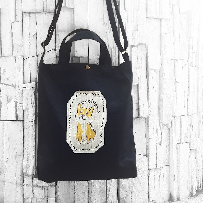 Chai dog black-A4 hand-sewn printed canvas bag / oblique bag / shoulder bag - กระเป๋าแมสเซนเจอร์ - ผ้าฝ้าย/ผ้าลินิน สีดำ