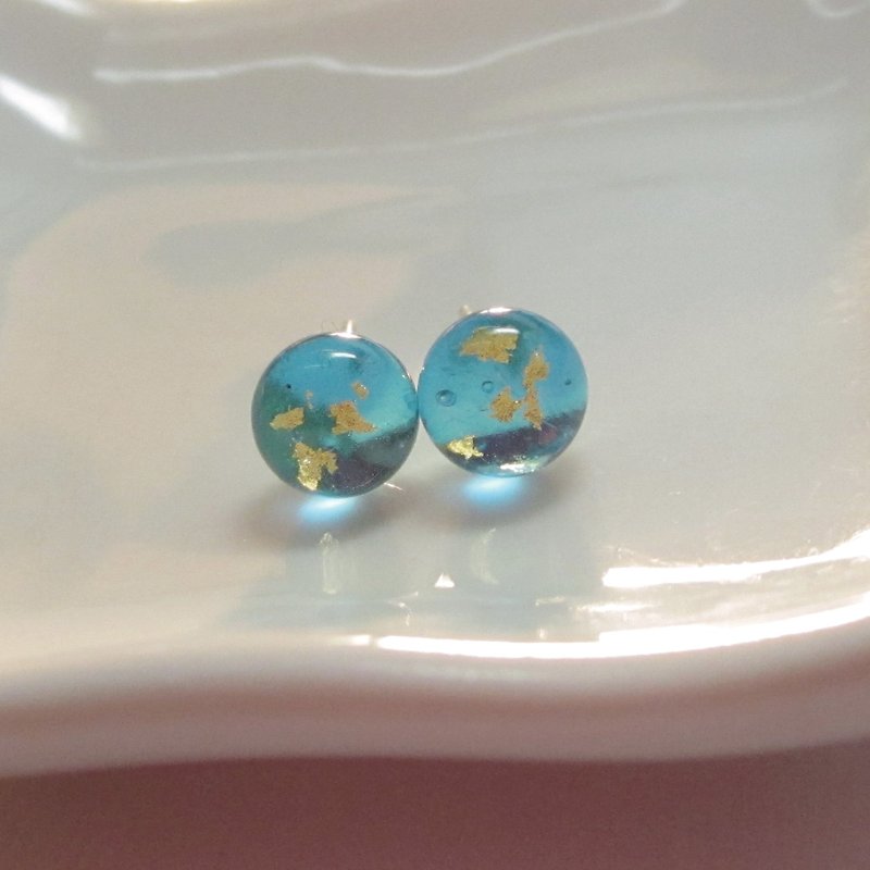 【Gold leaf Series】Drip Glass Earrings - Sky Blue - Earrings & Clip-ons - Glass Blue